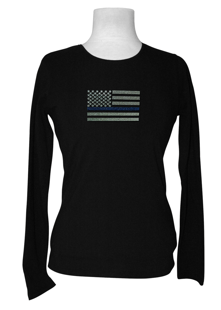 Rhinestone Blue Line Flag Long Sleeve Tee