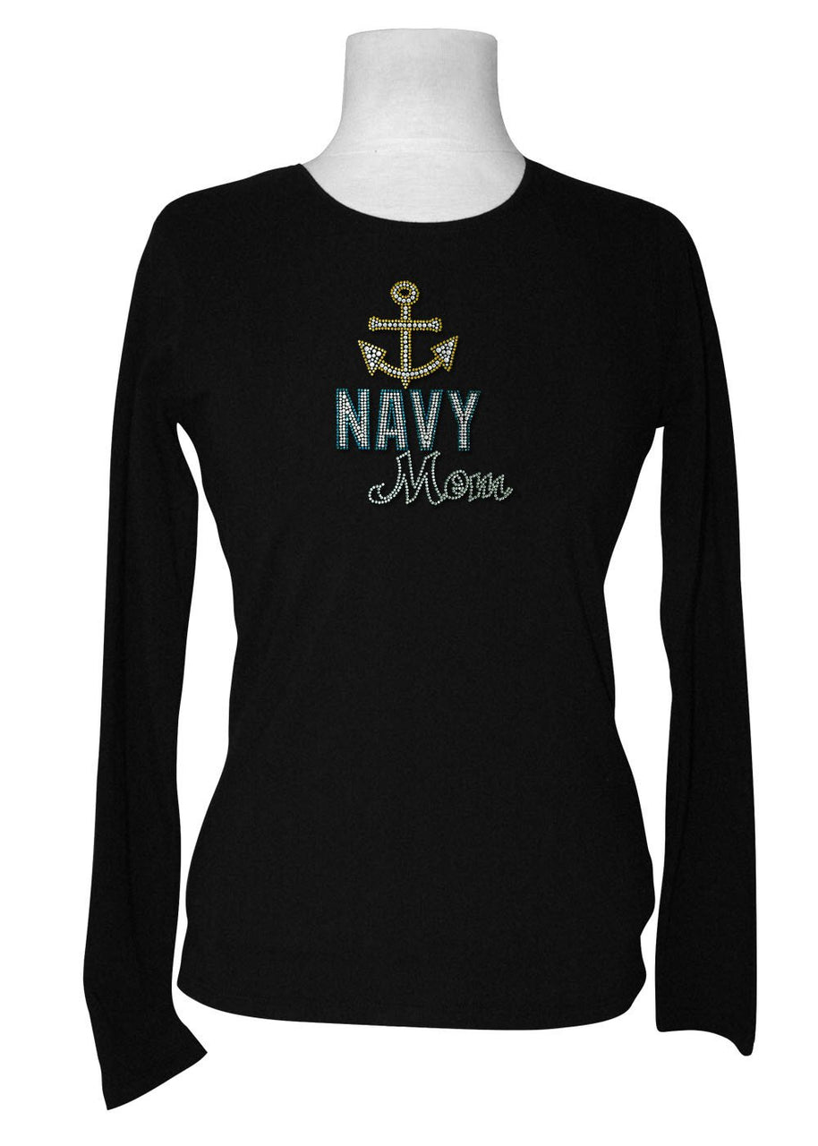 Navy Mom Rhinestone Long Sleeve Tee
