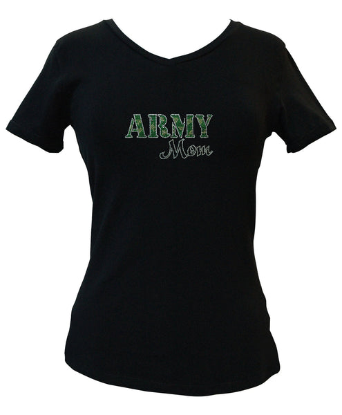 Army Mom Rhinestone V-Neck Tee